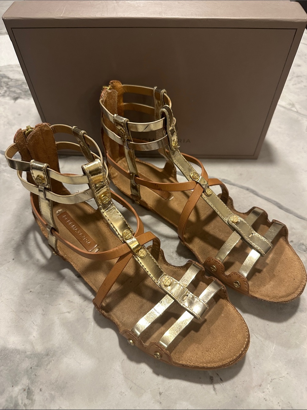 BCBGMaxAzria Gold and Tan Gladiator Sandals